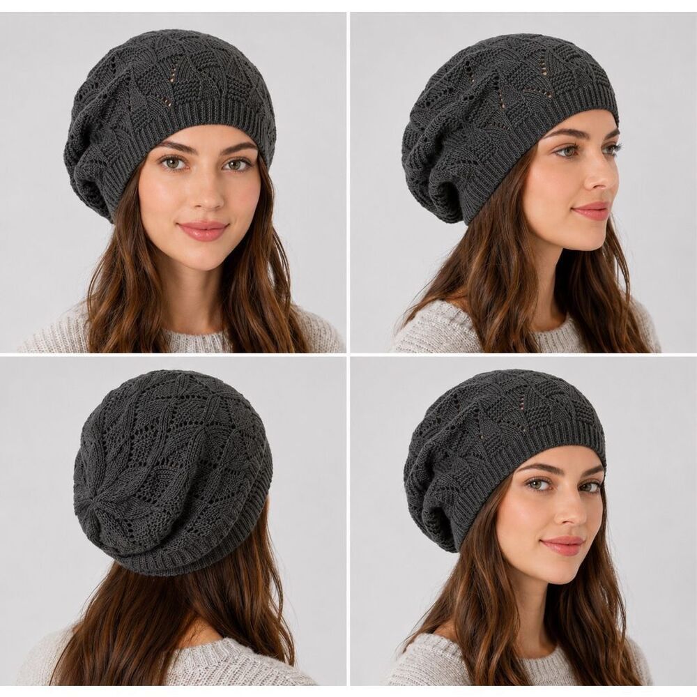 Boho Dark Gray Knit Slouchy Beanie Hat Openwork Cable Winter Beret Cap OS NWOT